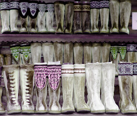 Boots of reindeer skin. Fur boots. National footwear of  peoples of  North. unty