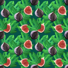 Beautiful pattern with figs and leaves . Bright tropical fruit isolated on deep green background, hand-drawn design for background, wallpaper, textile, wrap