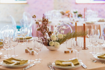 The Concept Of Wedding Decor. Tropical decor. Chic and Romantic Blush Pink Modern Wedding Color