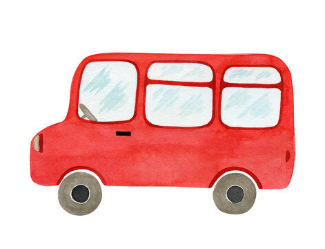 Red bus. Watercolor illustration isolated on white.
