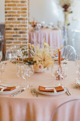 The Concept Of Wedding Decor. Tropical decor. Chic and Romantic Blush Pink Modern Wedding Color