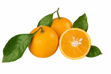 Fresh orange with leaves isolated on white background