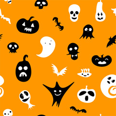 Seamless Happy Halloween pattern. Black white ghost, pumpkin, skeleton, skulls on orange background. Cute scary horror characters for fall holidays Halloween, Day of the Dead. Vector festive backdrop