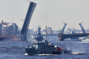 Naklejka premium View of Russian Navy, modern russian military naval battleships warships in the row, northern fleet and baltic sea fleet, summer sunny day during the military exercise