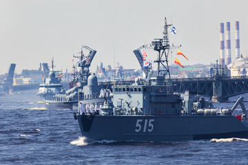 View of Russian Navy, modern russian military naval battleships warships in the row, northern fleet...