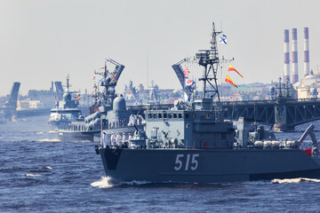 View of Russian Navy, modern russian military naval battleships warships in the row, northern fleet and baltic sea fleet, summer sunny day during the military exercise