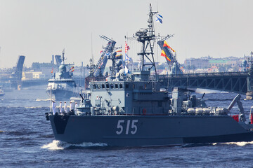 View of Russian Navy, modern russian military naval battleships warships in the row, northern fleet and baltic sea fleet, summer sunny day during the military exercise