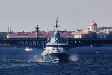 View of Russian Navy, modern russian military naval battleships warships in the row, northern fleet...