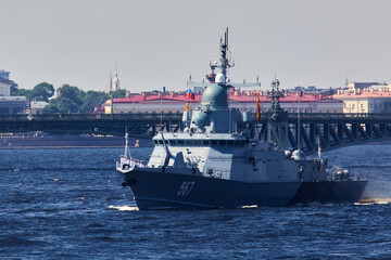 View of Russian Navy, modern russian military naval battleships warships in the row, northern fleet...