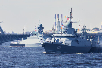 View of Russian Navy, modern russian military naval battleships warships in the row, northern fleet and baltic sea fleet, summer sunny day during the military exercise