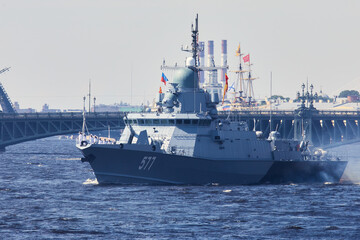 View of Russian Navy, modern russian military naval battleships warships in the row, northern fleet...