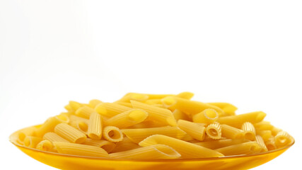 Raw italian penne rigate pasta on white background