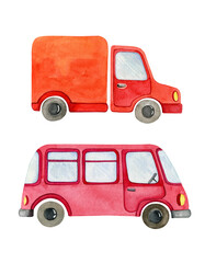 Red bus and truck. Watercolor illustration isolated on white.