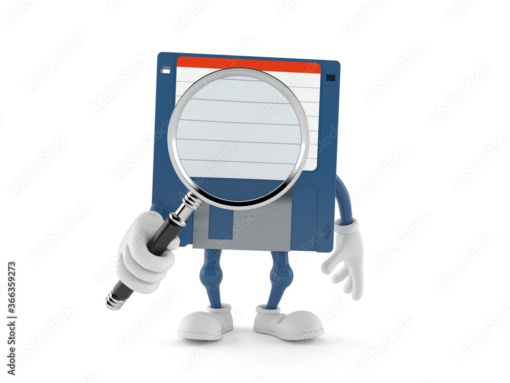 Wall mural Floppy disk character holding magnifying glass