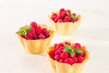 Homemade shortcrust raspberry pastry. Summer berries mini tartlets with vanilla custard and mint leaves. Fresh desserts on the white background isolated. Free copy space.