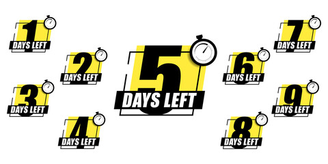 Number 1, 2, 3, 4 5 6 7 8 9 10 of days left to go Collection badges sale landing page banner. Vector illustration.