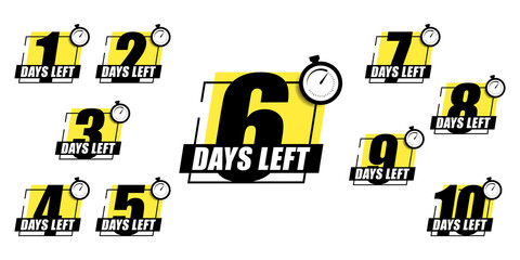 Number 1, 2, 3, 4 5 6 7 8 9 10 of days left to go Collection badges sale landing page banner. Vector illustration.