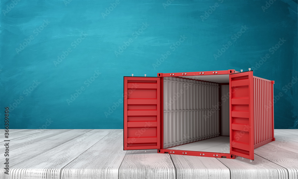 Poster 3d rendering of open empty red shipping container on white wooden floor and dark turquoise backgroun