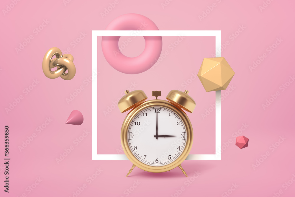 Poster 3d rendering of golden alarm clock standing, highlighted with square white frame, on pastel pink bac