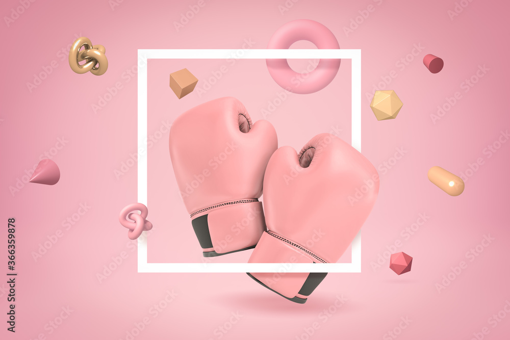 Poster 3d rendering of pink boxing gloves with random objects on pink background
