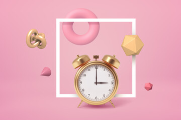 3d rendering of golden alarm clock standing, highlighted with square white frame, on pastel pink background, with different geometric objects floating around.