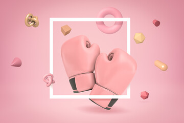 3d rendering of pink boxing gloves with random objects on pink background