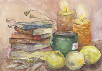 still life with a stack of old books, two burning candles, a big mug of tea and apples. Hand drawn watercolor illustration.  Picture for poster, calendar, cover and book