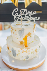 Candy bar. Table with sweets, candies, dessert. Birthday cake