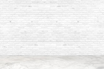 Empty white brick wall and concrete floor for background. room interior with white brick wall blank cement floor for backdrop.