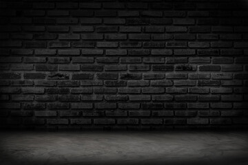 Empty black brick wall and concrete floor for background. Dark room interior with black brick wall blank cement floor for backdrop.