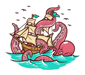 The octopus attacks the sailing ship vector illustration