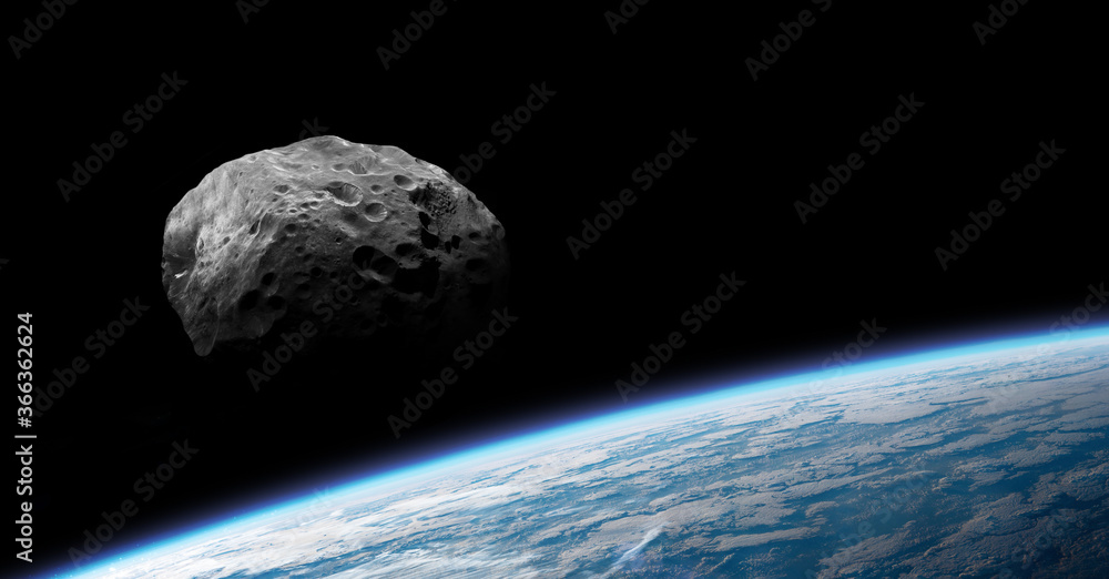 Poster asteroid in dark space and earth planet. black background. orbit of planet and meteorite. elements o