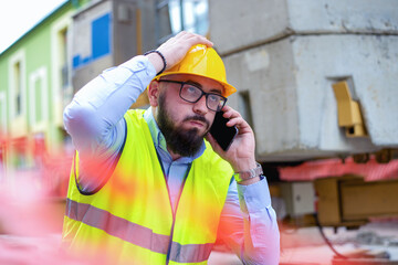 Architect in protective helmet speaking by phone