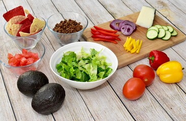 Simple healthy fresh organic ingredients ready to assemble tasty delicious homemade meal kit tacos for ethnic Mexican food at home
