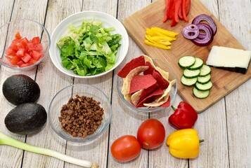 Simple healthy fresh organic ingredients ready to assemble tasty delicious homemade meal kit tacos for ethnic Mexican food at home