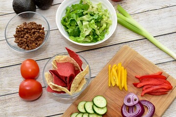 Simple healthy fresh organic ingredients ready to assemble tasty delicious homemade meal kit tacos for ethnic Mexican food at home