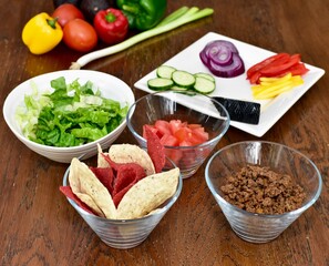 Simple healthy fresh organic ingredients ready to assemble tasty delicious homemade meal kit tacos for ethnic Mexican food at home