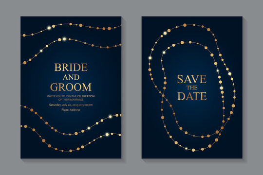 Modern geometric luxury wedding invitation design or card templates for business or presentation or greeting with golden lines and beads or necklaces on a dark blue background.