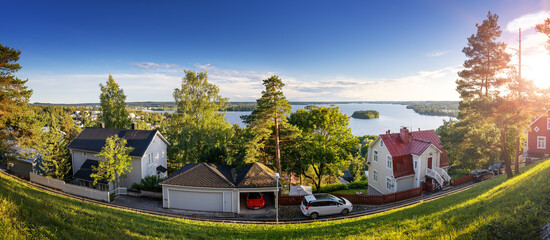 Pispala area in Tampere, Finland on beautiful sunny evening with view to lake Pyhajarvi