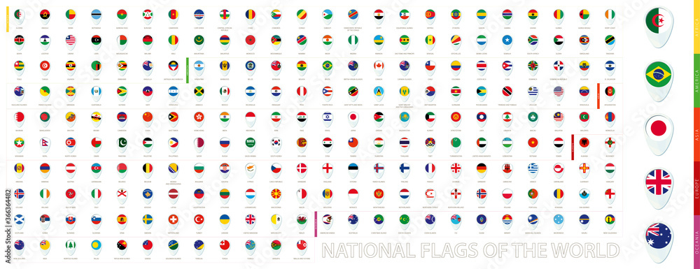 Wall mural all national flags of the world sorted alphabetically by continent. blue pin icon design.