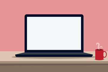 laptop with an empty screen on the table. vector flat illustration.
