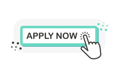 APPLY NOW green 3D button with hand pointer clicking. White background. Vector