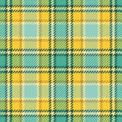 Checkered plaid seamless pattern in turquoise, yellow and gray colors. Bright and colorful traditional textile design