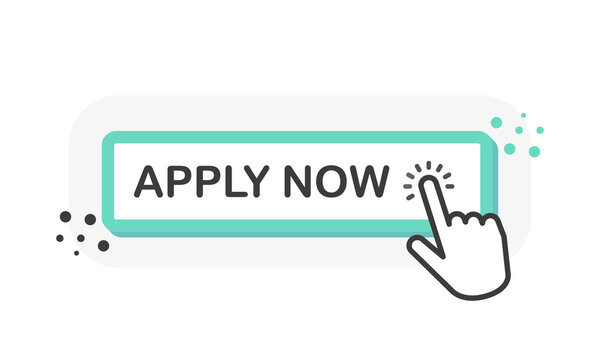 APPLY NOW green 3D button with hand pointer clicking. White background. Vector