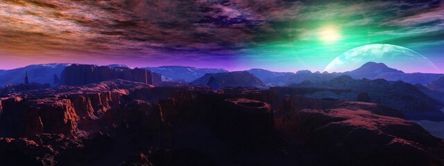 alien landscape, a panorama of a surface of another planet at sunrise, 3D rendering © ustas