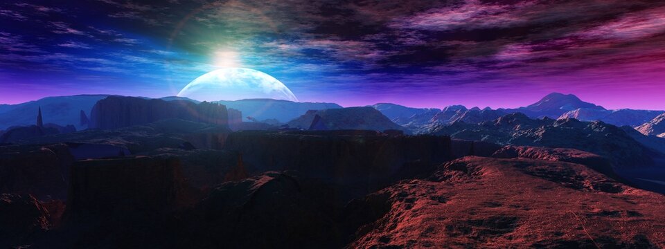 Alien Landscape, A Panorama Of A Surface Of Another Planet At Sunrise,	