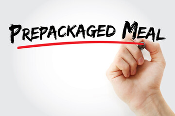 Prepackaged meal text with marker, food concept background