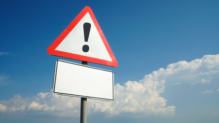 Exclamation mark on a road sign with a white nameplate background sky with clouds, warning, danger, attention
