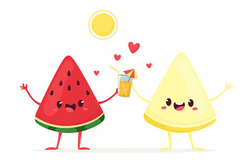 Joyful watermelon and melon with a drink under the sun. Vector illustration in flat cartoon style.