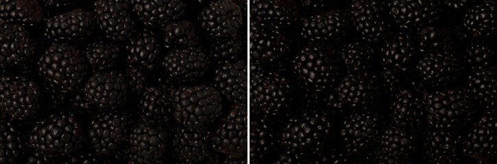 Juicy ripe blackberries in bulk under various lighting sources